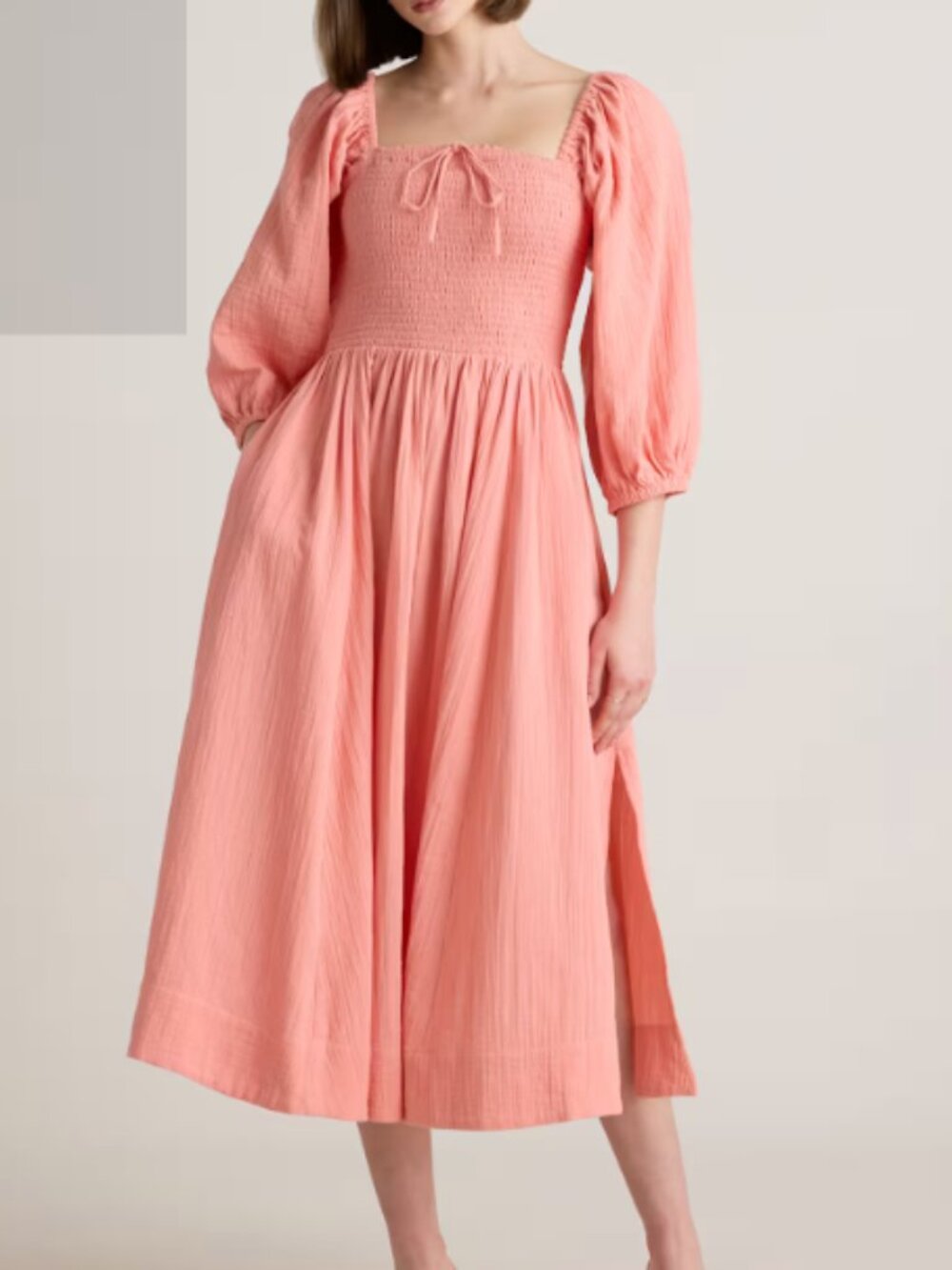 Quince 100% Cotton Gauze Smocked Square Neck Midi Dress size Small